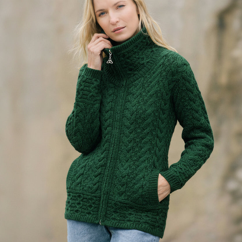Aran Crafts - Dubbelkragad zip-kofta i 100% merinoull