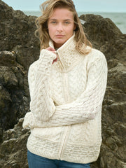 Aran Crafts - Dubbelkragad zip-kofta i 100% merinoull